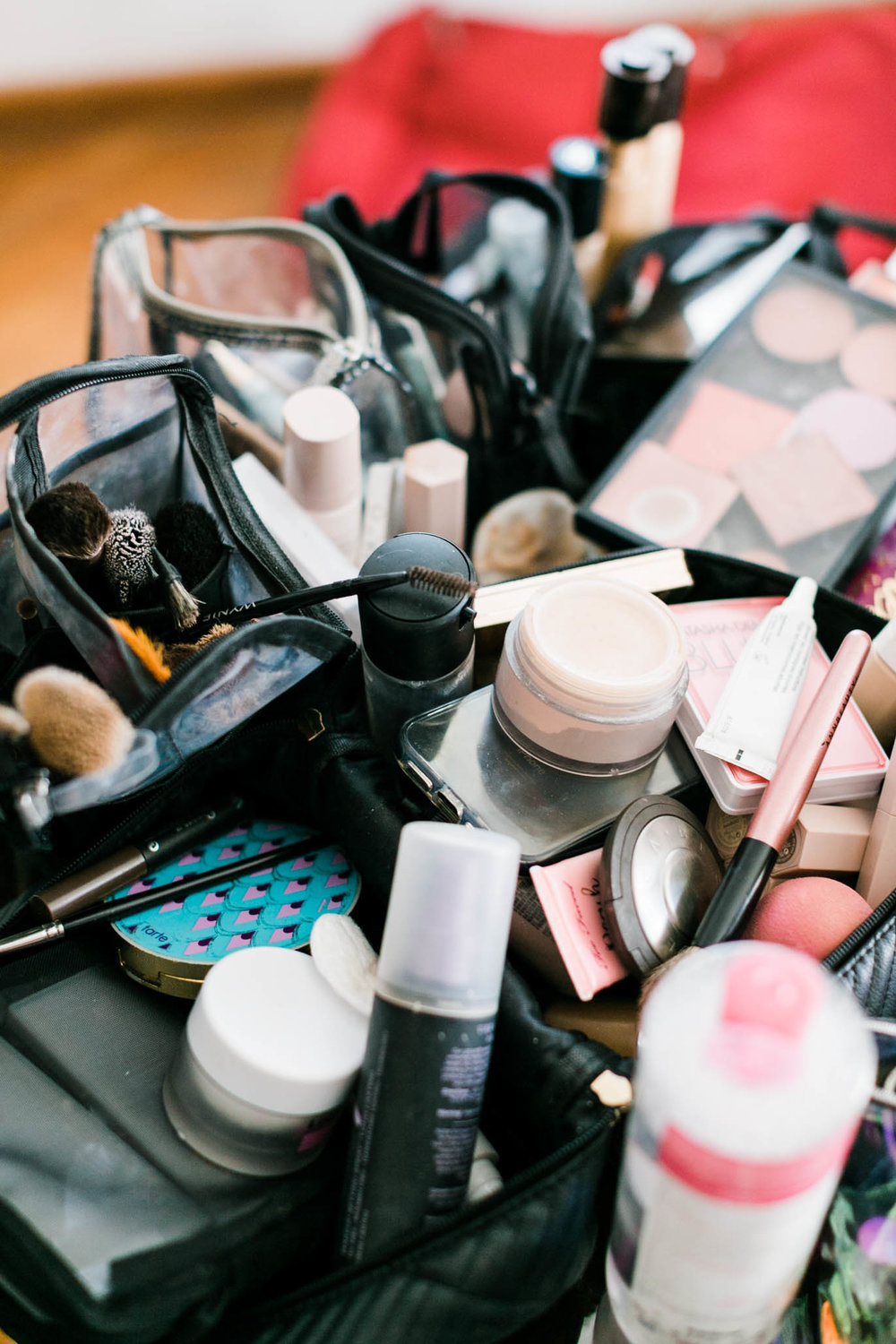 I oddly love photographing make-up bags. It usually gives you an idea of how the day starts.